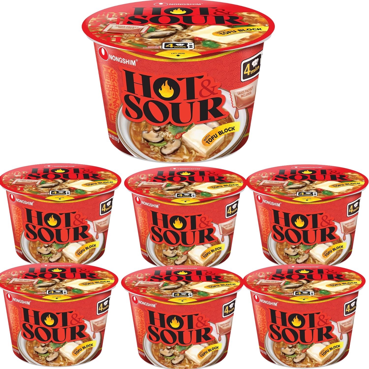Hot & Sour Seasoned Sauce Packet with Tofu Block - 3.56 Oz Premium Chewy & Chinese Spicy Thin Ramyun Noodles, 6 Counts