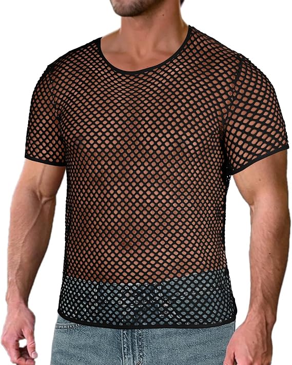 Men's Mesh Fishnet Top Short Sleeve Sheer Shirt Fitted Muscle Summer Blouse