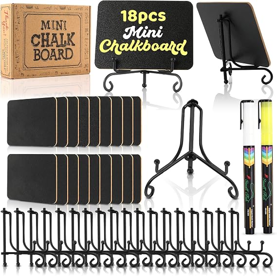 OleOletOy 18 pcs Mini chalkboards with Black Iron Stand Bundled with Mini Chalkboards 20 pcs