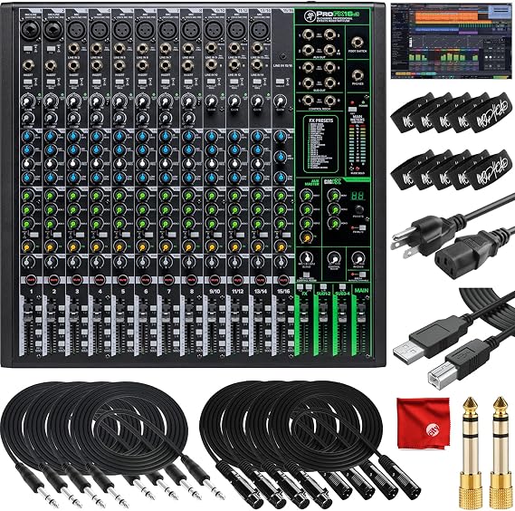 Mackie ProFX16v3 16-Channel Unpowered Mixer USB Bundle with Waveform OEM DAW, 4x Mophead 10-Foot TRS Cable, 4x 10-Foot XLR Cable, 2x 1/4" to 3.5mm Adapter, 10x Cable Ties and Microfiber Cloth