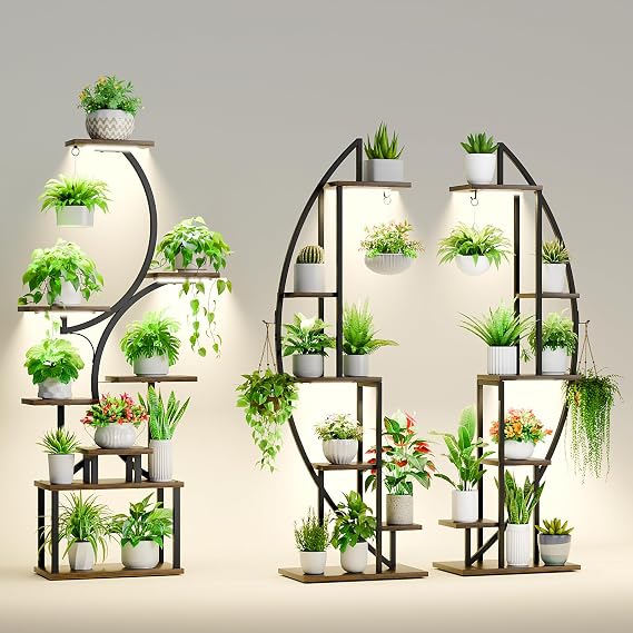 Plant Stand Indoor with Grow Lights - 62" Tall Plant Shelf, Lighted Corner Plant Stands for Indoor Growing, 8 Tiered Large Flower Holder Bundle with 63" Half-Moon Plants Stands Indoor with Grow Lights