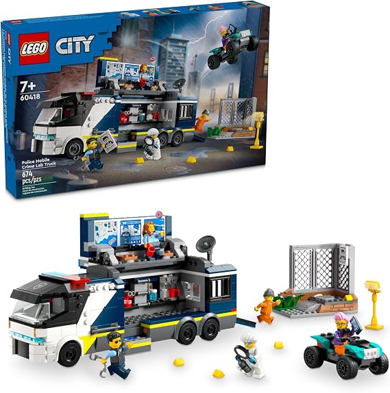 LEGO City Police Mobile Crime Lab Truck Toy, Pretend Play Police Toy, Includes Quad Bike, 2 Officers, 1 Scientist and 2 Crook Minifigures, Police Truck for Kids Ages 7 Plus, 60418