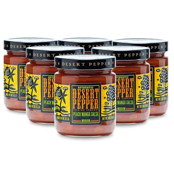 Desert Pepper Peach Mango Salsa with Peaches, Mangos, Green Chiles Tomatoes and Garlic, All Natural Salsa Vegan, Gluten-Free, Low Carb Snack Peach Salsa Mango Medium Salsa,16 oz 6-Pack
