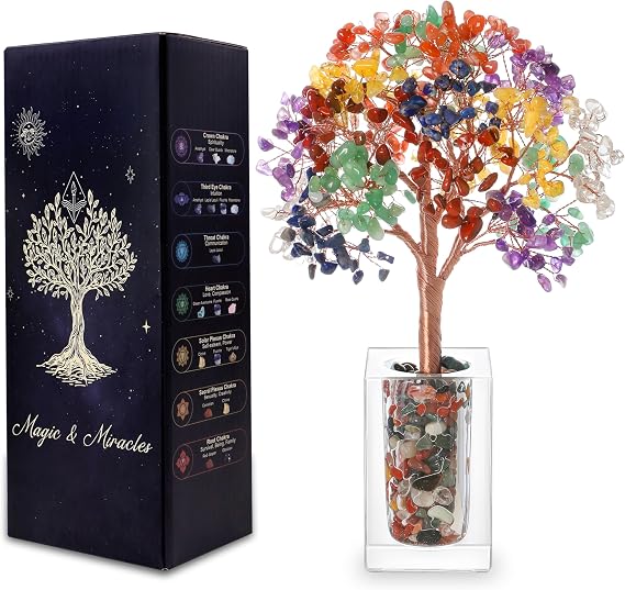 7 Chakra Crystal Tree of Life Gemstone Tree with Glass Base Made of 7 Natural Stones for Balance & Harmony Feng Shui Decorative Spiritual Gift 23 cm