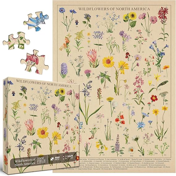 Vintage Wildflowers Puzzle 1000 Pieces for Adult, Botany Plant Flower Puzzle of Wildflowers of North America, Floral Jigsaw Puzzles Nature