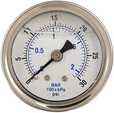 PIC Gauge 202L-404A 4" Dial, 30"/0 hg Vacuum psi Range, 1/4" Male NPT Connection Size, Center Back Mount Glycerine Filled Pressure Gauge with a Stainless Steel Case, Brass Internals, Stainless Steel Bezel, and Polycarbonate Lens