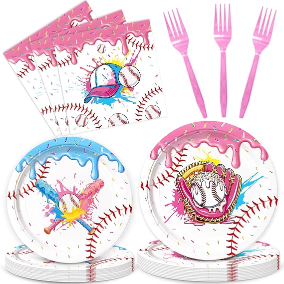 96Pcs Ice Cream Drip Baseball Birthday Party Decorations Disposable Tableware Set Include Baseball Paper Plates and Napkins Plastic Forks for Sports Theme Birthday Supplies
