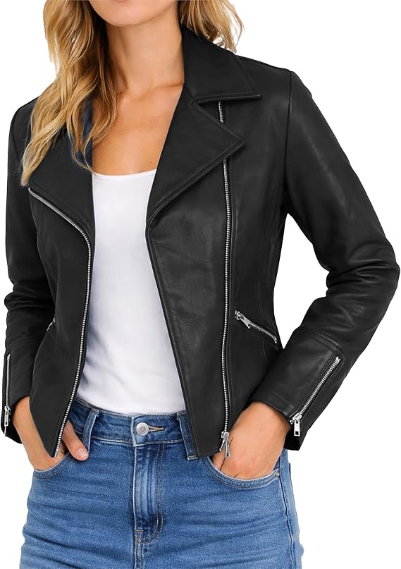 Womens Real Lambskin Asymmetrical Motorcycle Jacket-Biker Style Genuine Womens Leather Jacket