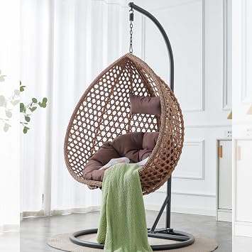Egg Chair Indoor Outdoor, Hanging Chair for Bedroom, Swing Chair Hammock with Stand & Cushions, Comfy Swinging Chair Adult Reading Chair for Patio Balcony Backyard, Heavy Duty 350LBS, Brown
