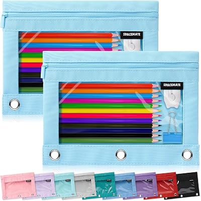 SPACEMATE 2 Pack Binder Pencil Pouch Case Box Bag for 3 Ring Binder School Supplies Girls Boys Kids, Clear Preppy Stuff Large Aesthetic Pen Organizer, Back to College Stationary, Sky Blue