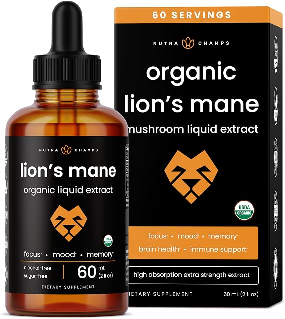 NutraChamps Lions Mane Tincture USDA Organic Lions Mane Liquid Extract - 2 Fl OZ Alcohol-Free, Lions Mane Drops for Memory, Focus & Cognitive Support