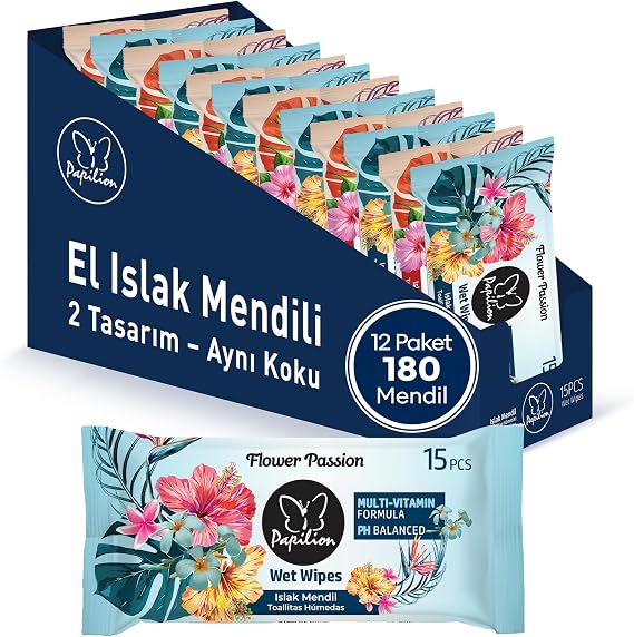 Papilion Seyahat Boyu El Temizleme Mendilleri – 12'li Paket (Toplam 180 Mendil), Çiçek Kokulu | Çocuklar ve Yetişkinler İçin Nazik Temizleme Mendilleri