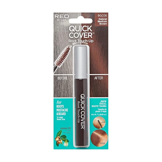 RED by KISS Quick Cover Root Touch Up Rescue (Natural Medium Brown) Mascara Natural Water-Resistant Temporary Gray Concealer Cover Up Brush for Hair Mustache & Beard, Formulated with Jojoba Oil