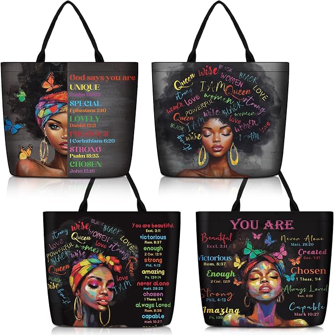 Silkfly 4 Pack African American Tote Bags Gifts for Black Women | Shoulder Handbag, Afro Satchel Sister Bag for Work Travel, Pride and Confidence, Sturdy and Reliable