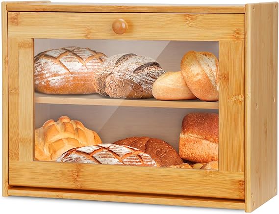 Bamboo Bread Box Countertop Bread Bin 2-Layer Dry Food Container Kitchen Storage Crock Tin Keeper with Drop Down Front Acrylic Window Pastries Loaf Storage Shelf Self-Assembly for Jam Dry Food Fruits