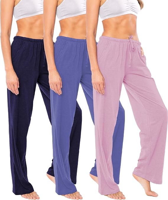 Sexy Basics Women's Soft Flex 100% Cotton Knit Pajama Pants | Lounge Sleep Bottoms | Drawstring & Pockets| Multi Packs