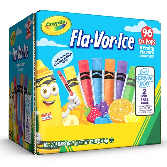 Crayola Fla-Vor-Ice Popsicle Variety Pack of 2 Oz Freezer Bars, Assorted Flavors, Banana Mango, Strawberry, Berry Punch, Orange, Grape, Lemon-Lime 96 Count