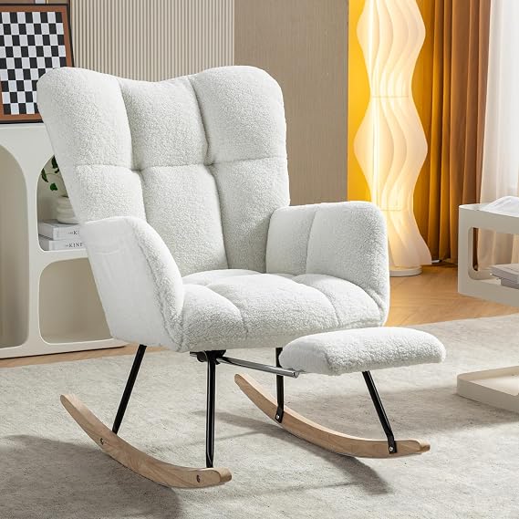 FOXHUNTER Rocking Chair Nursery with Footstool and Side Pocket, Teddy Ivory | 15 Rocking Mode, High Backrest, Non-Slip Pads, Wooden Base, Metal Frame Armchair for Living Rooms Bedrooms Offices