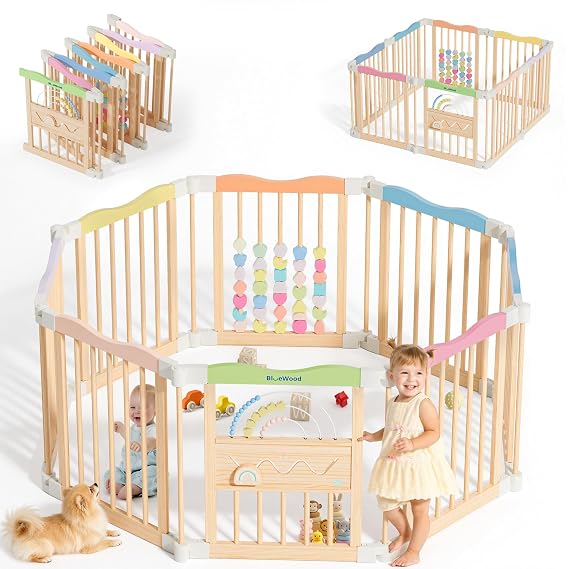 Foldable Wooden Baby Playpen, 45 x 45 x 24 inches, Pastel Dream, Colorful