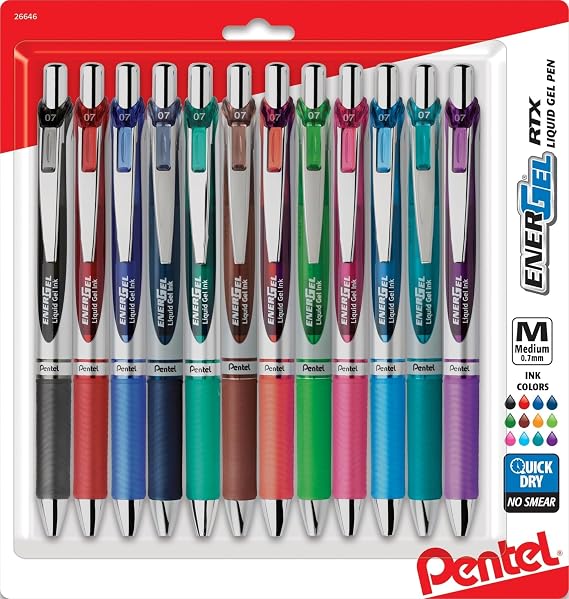 Pentel EnerGel RTX Retractable Liquid Gel Pens, (0.7mm), Assorted Colors, Ultimate Writing Pens, Best Writing Pens for Office, School and Journaling, Pack of 12