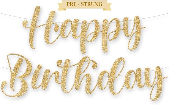KatchOn Cursive Glitter Gold Happy Birthday Banner - 10 Feet