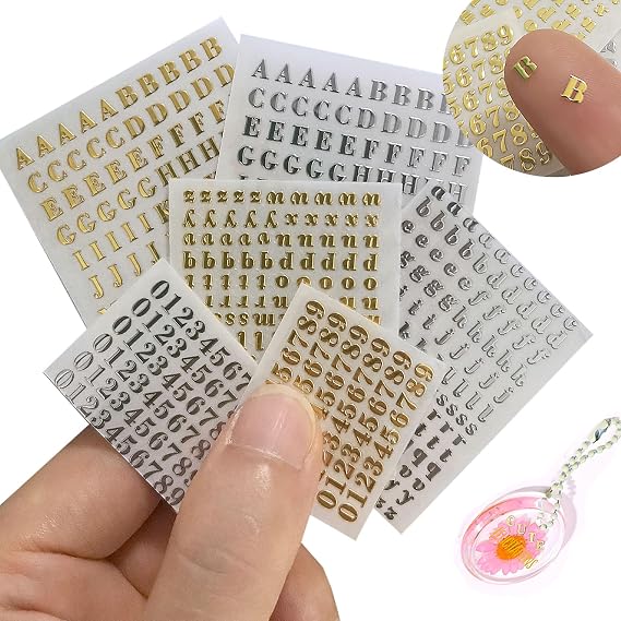 Glitter Letter Stickers for Resin 6 Sheets 3mm Alphabet Number Stickers Alloy Metallic Self Adhesive Letter Sticker for Epoxy Resin Crafts Scrapbook Nail Art Mini Gold/Silver Letters Sticker (3MM)