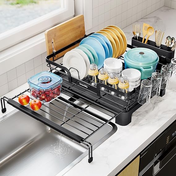 Extendable Dish Drying Rack, 2 in 1 Multifunction Dish Rack for Kitchen Counter, Expandable Dish Drainer Over Sink, Large Plate Strainer with