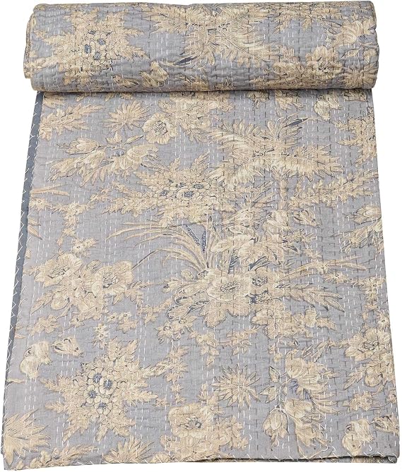 Marubhumi Quilts Handmade Traditional Pure Cotton Floral Print Kantha Quilt, Animal Printed Bed Cover Reversible, Comforter, Grey - Queen (90 x 108 Inches)