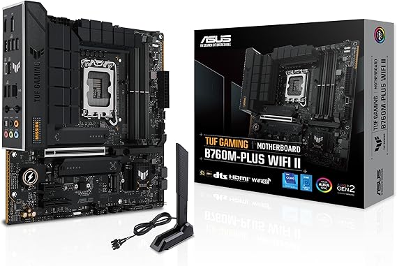 ASUS TUF Gaming B760M-PLUS WiFi II Motherboard Intel B760 LGA 1700 mATX (PCIe 5.0, M.2, DDR5, WiFi 6E, Q Antenna, Realtek 2.5GB Ethernet, DP, HDMI, SATA 6Gbps, USB Type-C, Thunderbolt 4, Aura Sync)