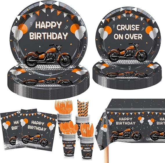 MEHOFOND Orange Black Motorcycle Birthday Party Decorations for Boys