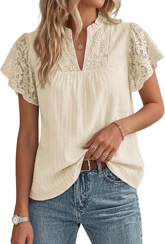 GRACE KARIN Womens Lace Short Sleeve Tops Summer Dressy Casual Cotton Blouses Flowy V Neck Dress Shirts Trendy Clothing 2026