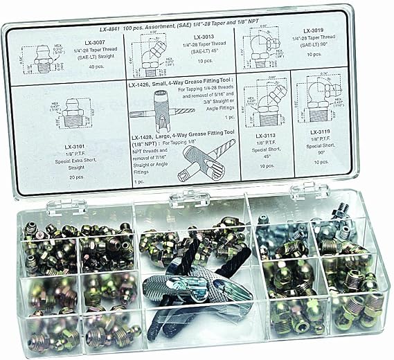 Lumax LX-4841 Gold/Silver (SAE) 1/4"-28 Taper and 1/8" P.T.F. 100 Piece Grease Fitting Assortment., Designed to Meet the Demanding Requirements of Most Automotive, Agricultural & Industrial
