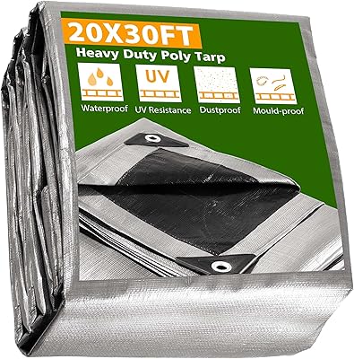Yescom 20x30FT 14 Mil Heavy Duty Reinforced Poly Tarp Reversible Waterproof Tarpaulin Ground Sheet Cover Reversible Silver Black Tarps