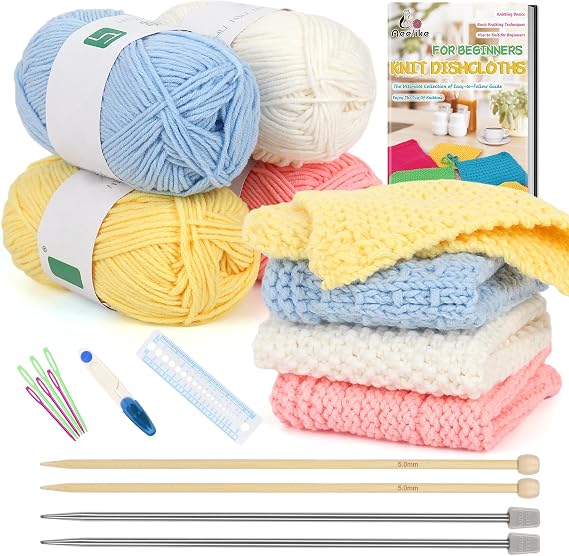 Aeelike Knitting Kit for Beginner Adult, Easy Dishcloth Knit Set, Color B