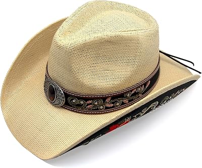 Womens Mens Cowboy Hats,Western Straw Cowgirl Hats,Faux Leather Embroidered Sun Hat