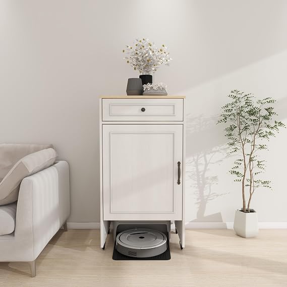 Robot Vacuum Storage Cabinet, Hidden End Table with Wheels, Roomba Garage Organizer with Drawer and Doors, Modern Vacuum Storage for Living Room, Home Office, or Smart Home Spaces, White