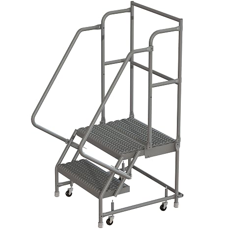 Tri-Arc KDSR102162-D2 2-Step 20" Deep Top Steel Rolling Industrial & Warehouse Ladder with Handrails, 16" Wide Grip Strut Tread