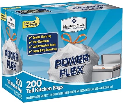 Members Mark 13 gal Power Flex, Leak Protection, Tall Kitchen Simple Fit Drawstring Bags Flex Power