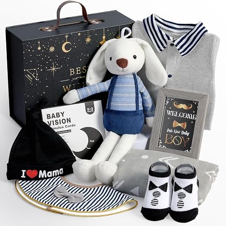 Baby Gift Boys Newborn Gifts for Birth with Baby Romper / Rabbit Cuddly Toy / Bib / Socks / Muslin Blanket Nappy Cake Gift Box Baby Shower Party Gender Reveal Gift