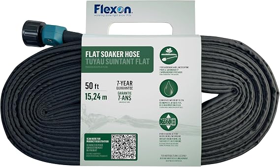 Flexon 50ft Flat Soaker Hose Efficient, Space-Saving Watering Solution for Gardens and Landscaping