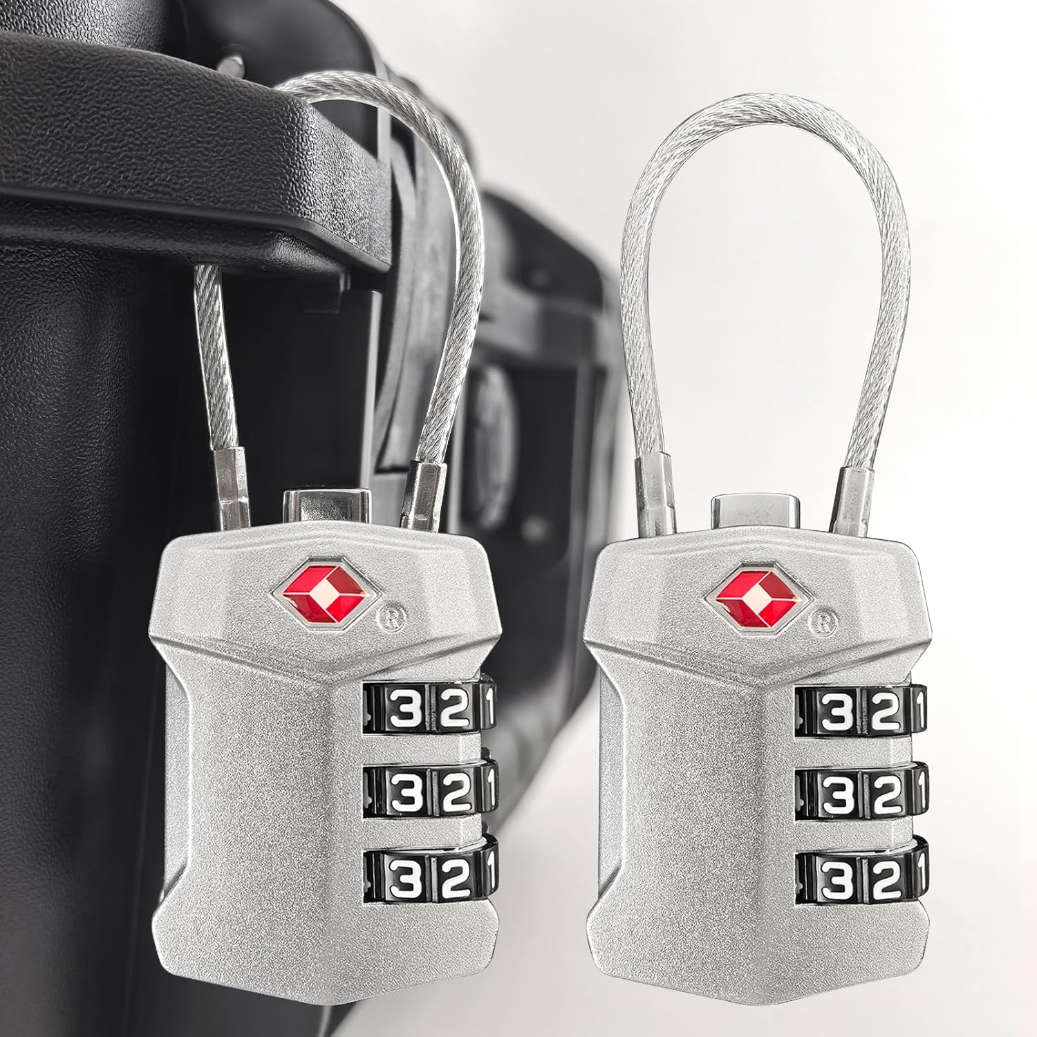 2 Pack TSA Approved Travel Luggage Locks, Cable Combination Lock, 3 Digit Padlock, Alloy Steel Cut-Resistant Cable, Weatherproof Zipper Lock for