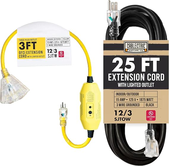 3 Ft Outdoor GFCI Extension Cord 3 Outlet - 15 Amp 12/3 SJTWLighted Yellow Pigtail & 25 Ft Black Oil-Resistant Extension Cord - 12/3 SJTOW Heavy Duty 12 Gauge Outdoor Cable 15 AMP