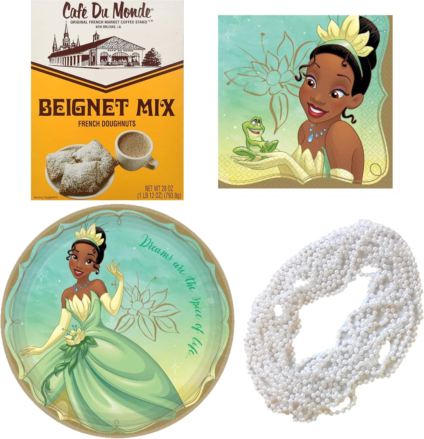 Princess and the Frog Birthday Party Pack- Cafe du Monde Beignet Mix, 8 Plates, 16 Napkins, and 12 Mardi Gras Princess Pearl Bead Necklaces