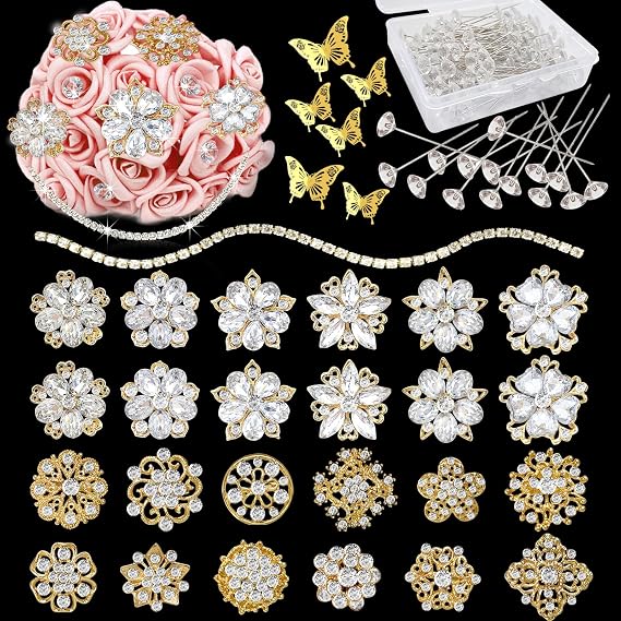 Rhinestone Brooches Bouquet Pins Corsage Boutonniere Pins Crystal Brooch Diamond kits for Wedding Accessories Jewelry Decoration DIY Craft Sewing(Gold)