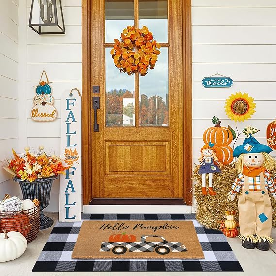 Fall Door Mat Combo Set, Hello Pumpkin 100% Coco Coir Welcome Doormat + 28" x 43" Black and White Plaid, Autumn Thanksgiving Front Porch Entryway Decor Floor Mats