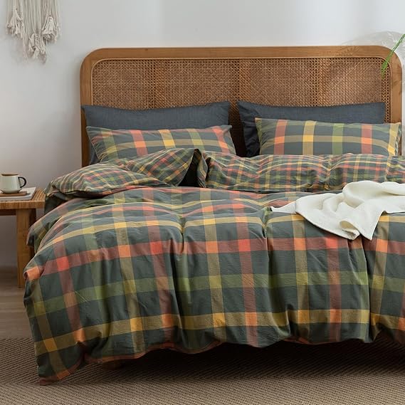 VM VOUGEMARKET Washed Cotton Bedding Set King Colorful Plaid Duvet Cover Set 3 Pieces Orange Grey Green Grid Duvet Cover with Zipper Ties for Men Women-104x90 Inch