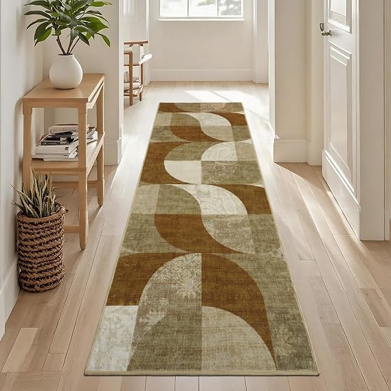 Boho Runner Rugs for Hallway 60×180 cm, Brown Checkered Washable Hall Carpet Runners, Kitchen Mat Non Slip, Soft Short Pile Rug for Bedroom Laundry Entryway Bathroom Non Shedding