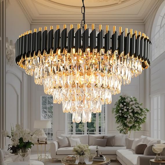 Gold Modern Crystal Chandelier - 6-Tier Round Crystal Chandelier Light Fixture, Black, Large, for Dining Room, Living Room, Bedroom, Entryway, E14*15Light [Energy Class G]
