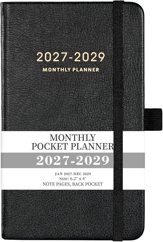 2027-2029 Pocket Planner - 3 Year Monthly Planner 2027-2029, 6.2" x 4" | Jan.2027 - Dec.2029, Pocket Calendar, 3 Year Calendar 2027-2028-2029 Monthly Planner with 60 Note Pages, Back Pocket - Black