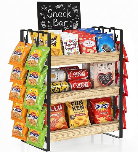 3-Tier Snack Organizer for Countertop, Chip Rack Display Stand with 20 Metal Snack Clips, Wooden Snack Bar Organizer for Party, Retail, Home, Office, Brown Snack Display for Counter with Blackboard